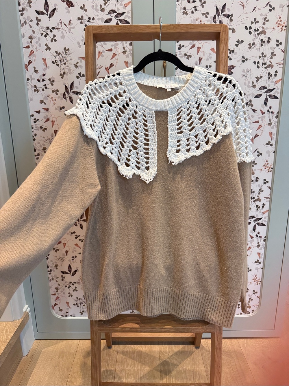 Tibi Beige Sweater with White Crochet Collar